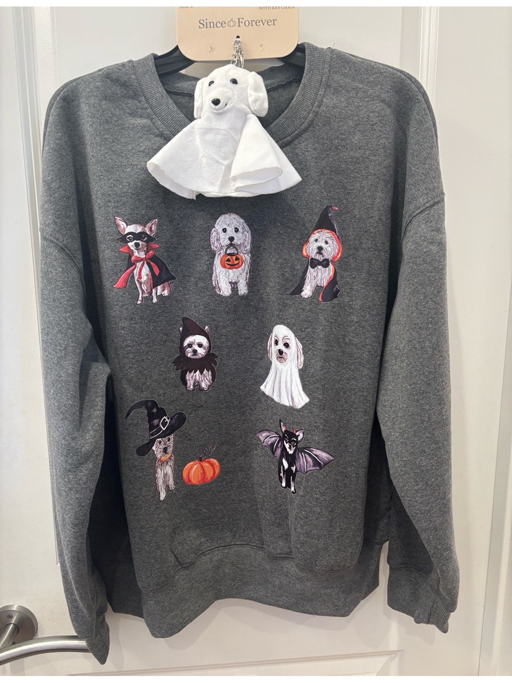 NWT Since Forever Gray Halloween Dog Graphic Sweatshirt & Keychain/bag charm-M